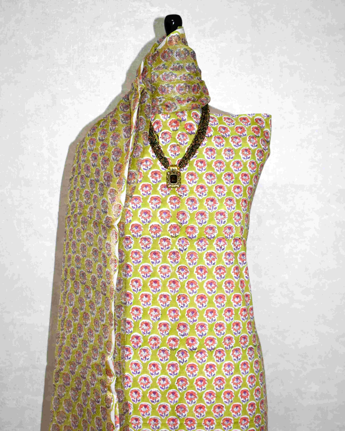 Green with All-over Floral Jaal Hand Block Printed Cotton Suit With Kota Doria Dupatta