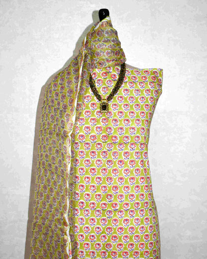 Green with All-over Floral Jaal Hand Block Printed Cotton Suit With Kota Doria Dupatta