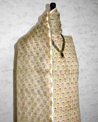 Green with All-over Floral Jaal Hand Block Printed Cotton Suit With Kota Doria Dupatta