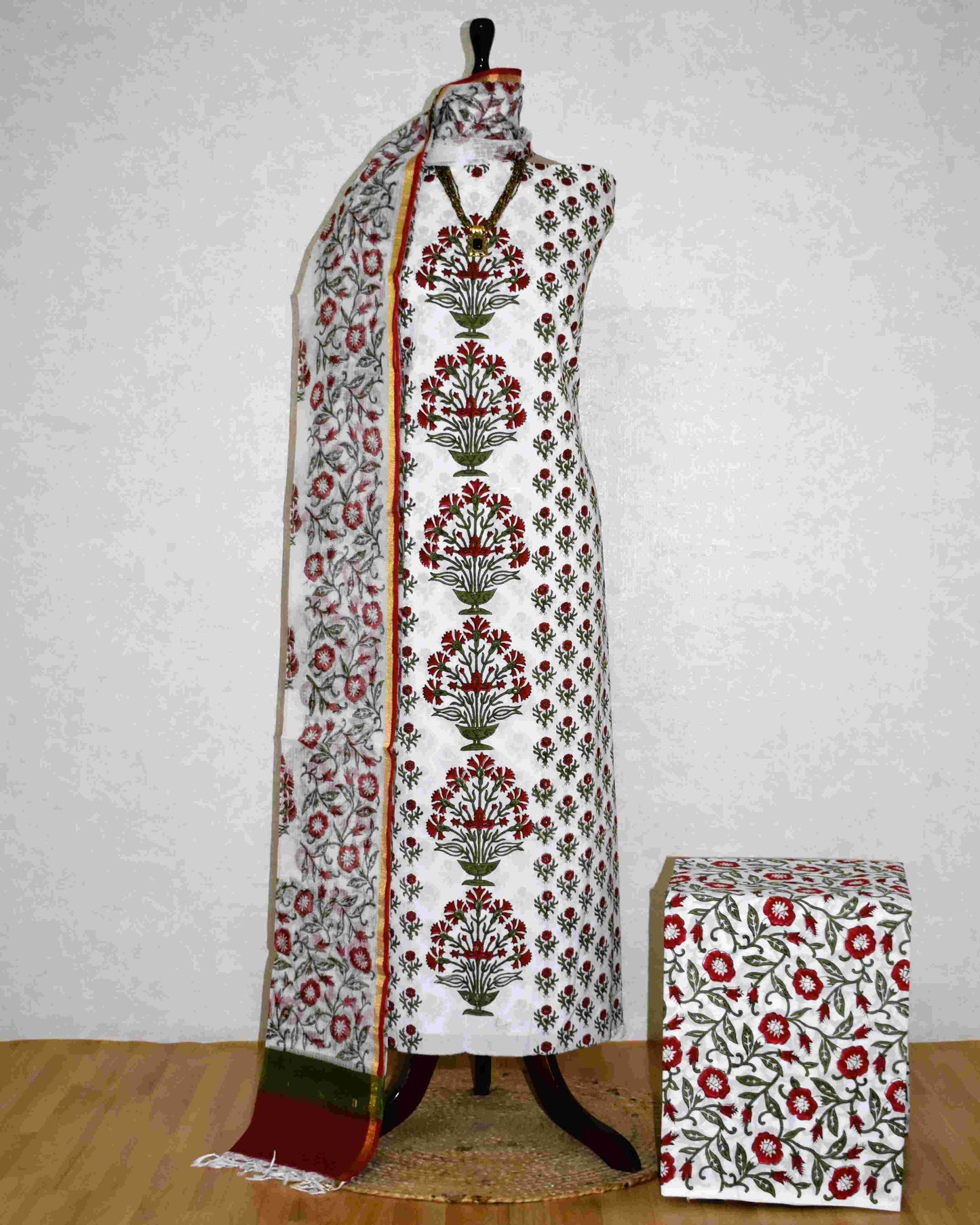 Hand Block Printed Premium Cotton Unstitched Suit with Red Floral Buta & Kota Doria Dupatta - Curated Edit