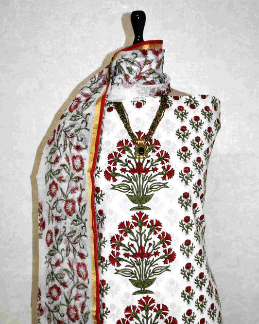Hand Block Printed Premium Cotton Unstitched Suit with Red Floral Buta & Kota Doria Dupatta - Curated Edit