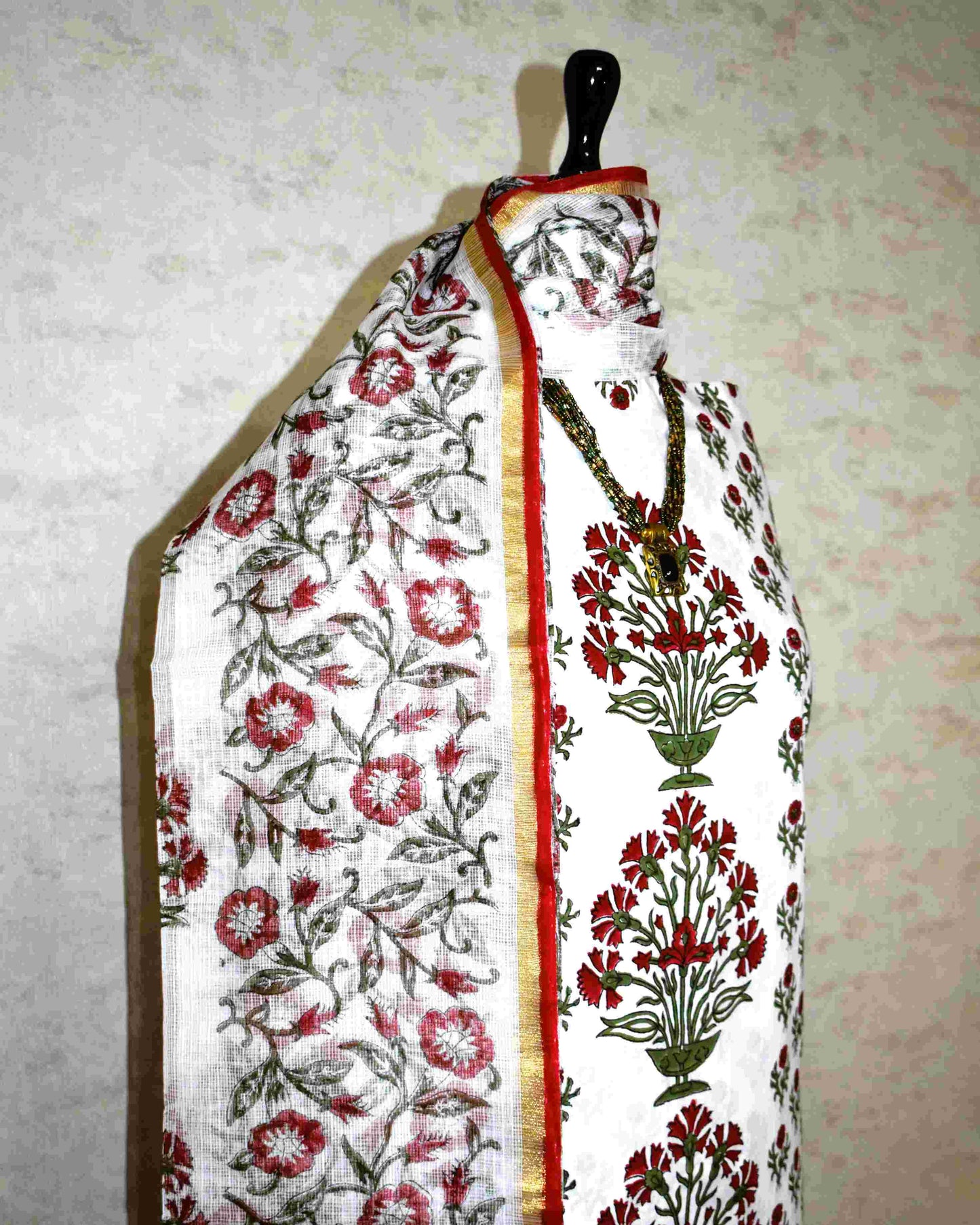 Hand Block Printed Premium Cotton Unstitched Suit with Red Floral Buta & Kota Doria Dupatta - Curated Edit
