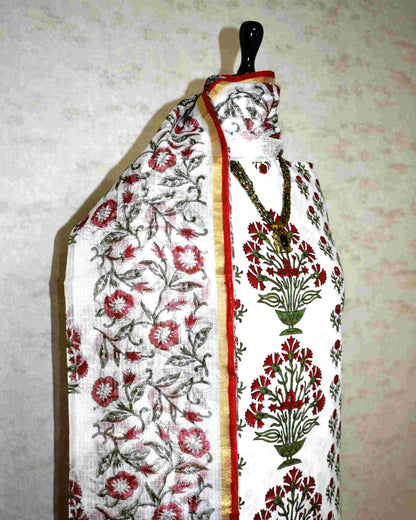 Hand Block Printed Premium Cotton Unstitched Suit with Red Floral Buta & Kota Doria Dupatta - Curated Edit
