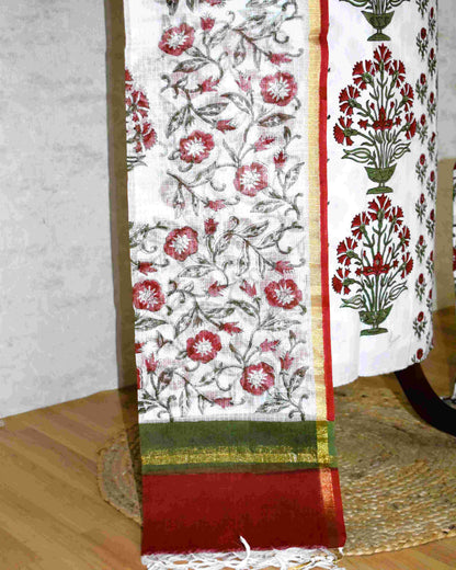 Hand Block Printed Premium Cotton Unstitched Suit with Red Floral Buta & Kota Doria Dupatta - Curated Edit