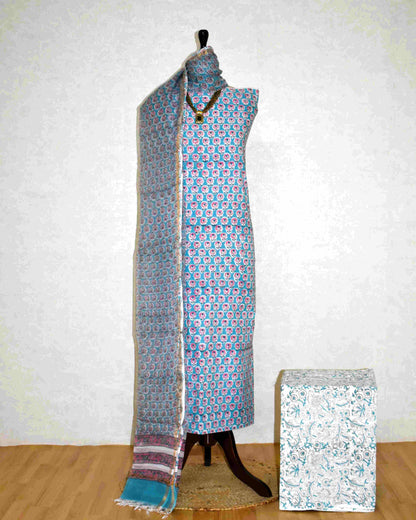 Summer Blue with All-over Floral Buti Hand Block Printed Cotton Suit With Kota Doria Dupatta