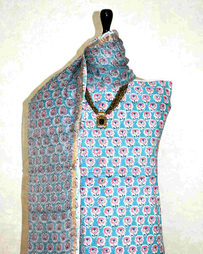 Summer Blue with All-over Floral Buti Hand Block Printed Cotton Suit With Kota Doria Dupatta