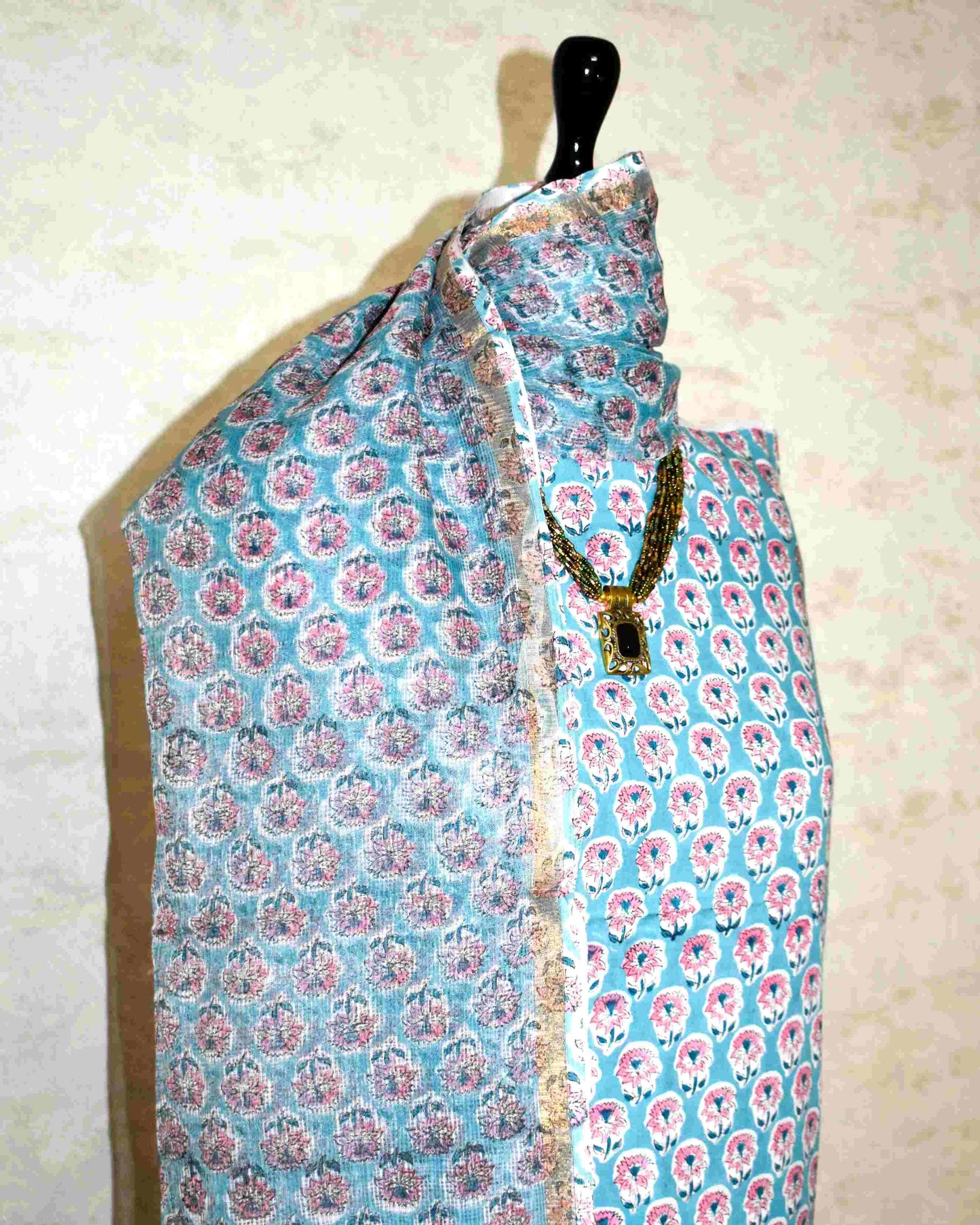 Summer Blue with All-over Floral Buti Hand Block Printed Cotton Suit With Kota Doria Dupatta