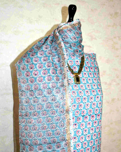 Summer Blue with All-over Floral Buti Hand Block Printed Cotton Suit With Kota Doria Dupatta