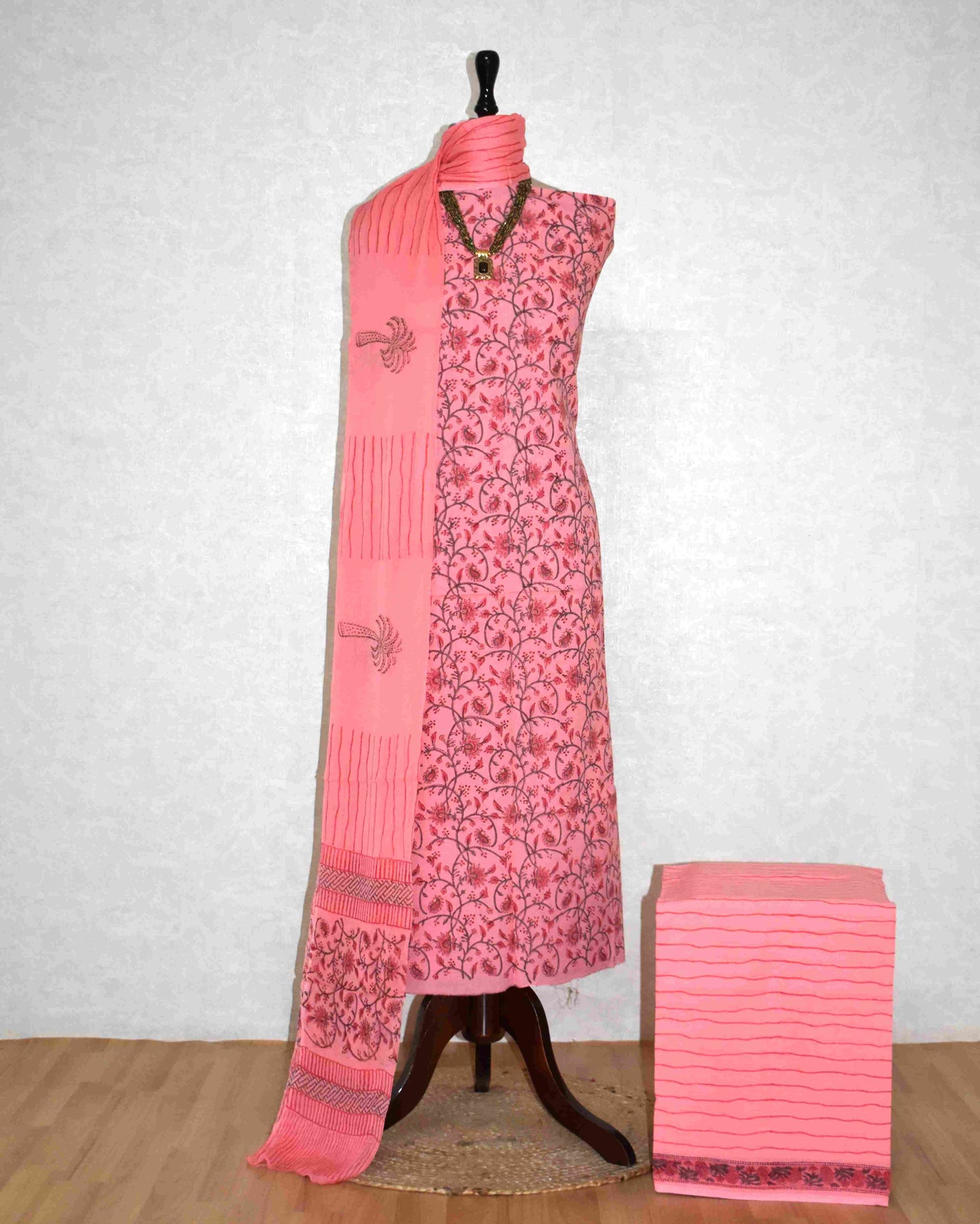 All-over Peach Floral Hand Block Printed Cotton Suit with Pure Chiffon dupatta