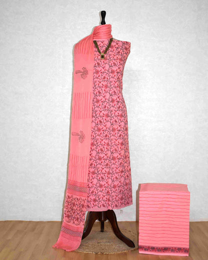 All-over Peach Floral Hand Block Printed Cotton Suit with Pure Chiffon dupatta