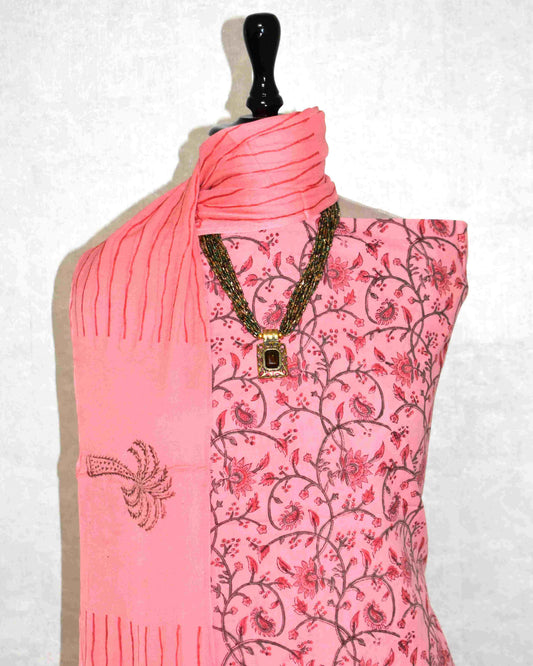 All-over Peach Floral Hand Block Printed Cotton Suit with Pure Chiffon dupatta