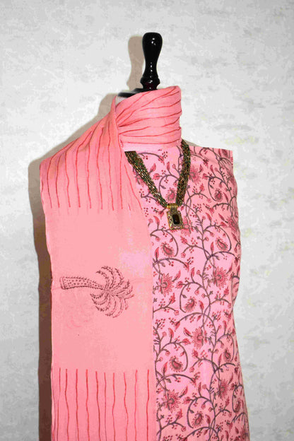 All-over Peach Floral Hand Block Printed Cotton Suit with Pure Chiffon dupatta