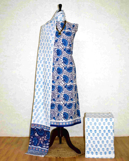 All-over Floral Jaal Hand Block Printed Cotton Suit with Malmal Dupatta
