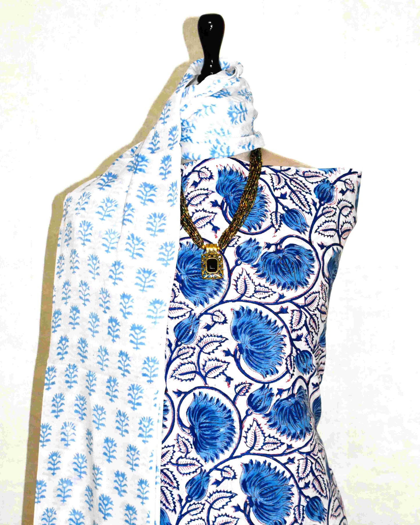 All-over Floral Jaal Hand Block Printed Cotton Suit with Malmal Dupatta