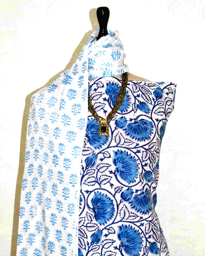 All-over Floral Jaal Hand Block Printed Cotton Suit with Malmal Dupatta