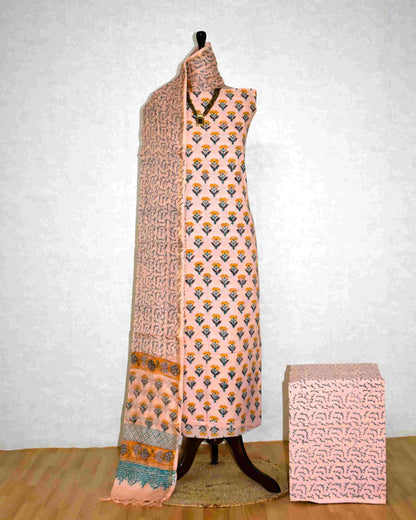 All-over Floral Buti Hand Block Printed Cotton Suit With Kota Doria Dupatta
