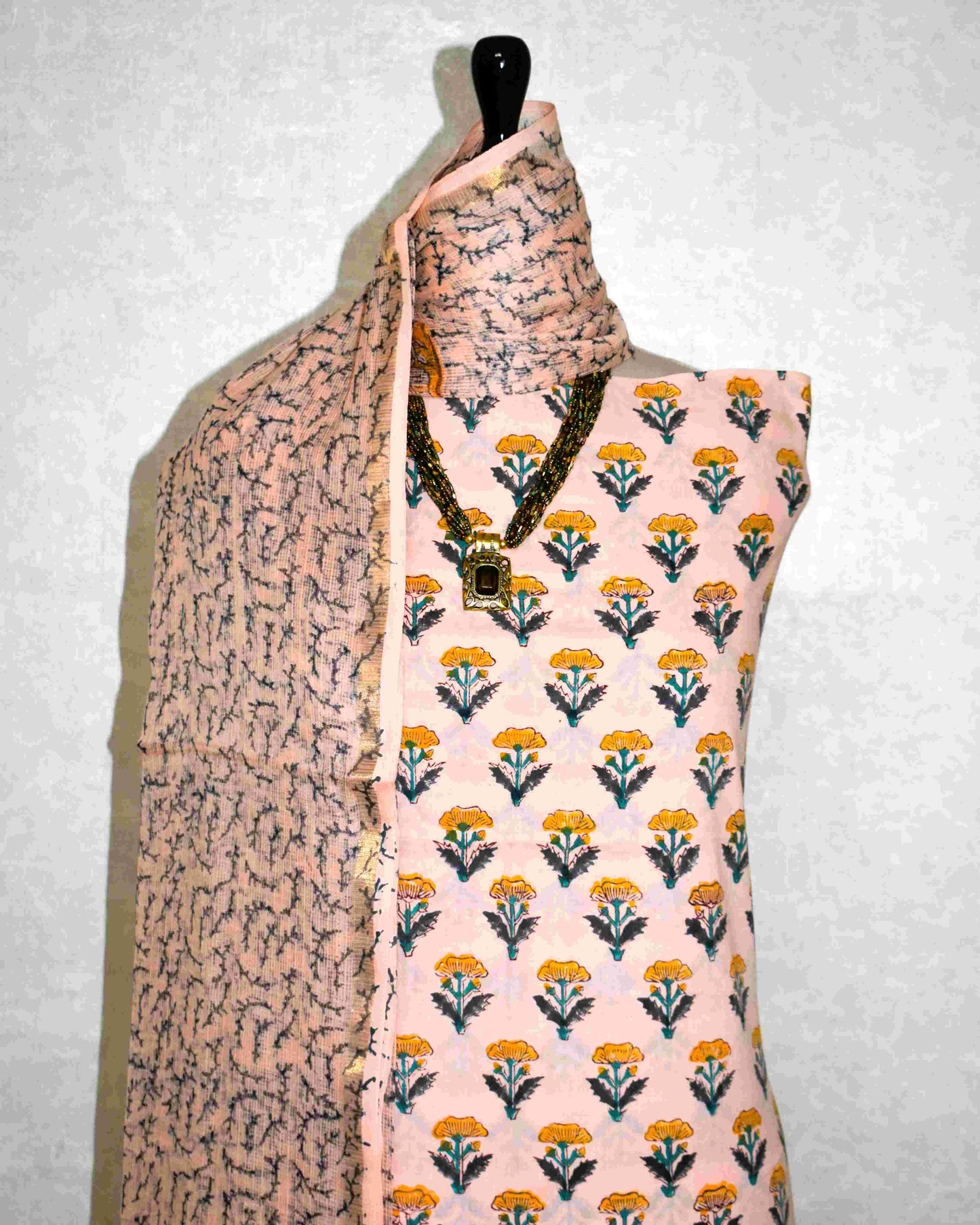 All-over Floral Buti Hand Block Printed Cotton Suit With Kota Doria Dupatta