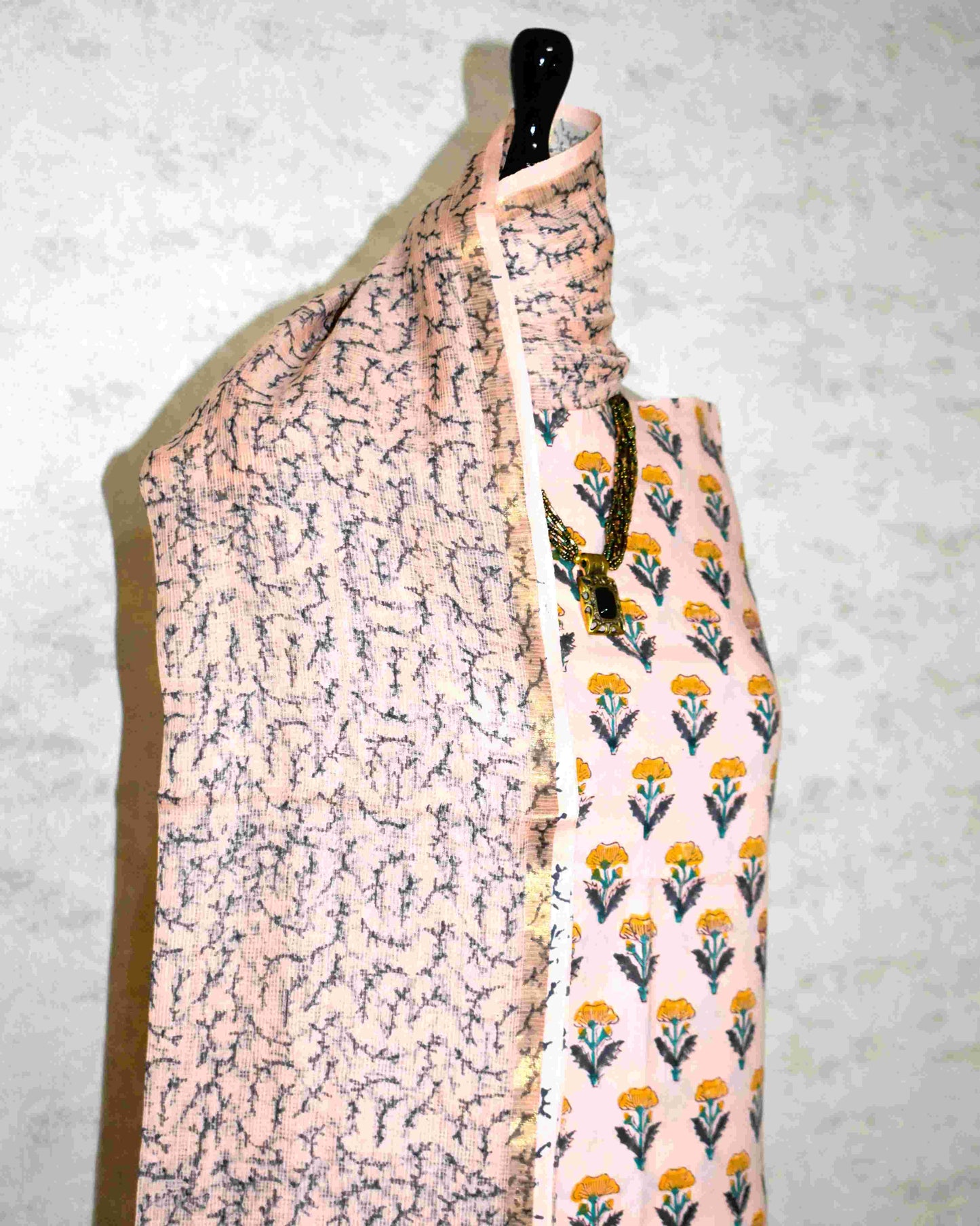 All-over Floral Buti Hand Block Printed Cotton Suit With Kota Doria Dupatta