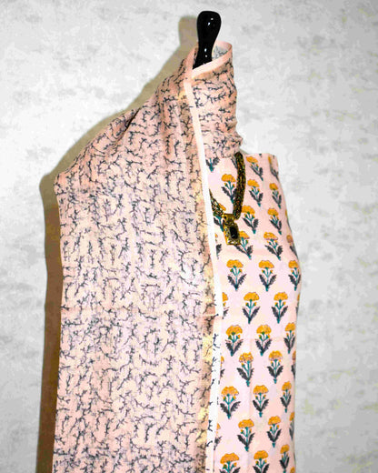 All-over Floral Buti Hand Block Printed Cotton Suit With Kota Doria Dupatta