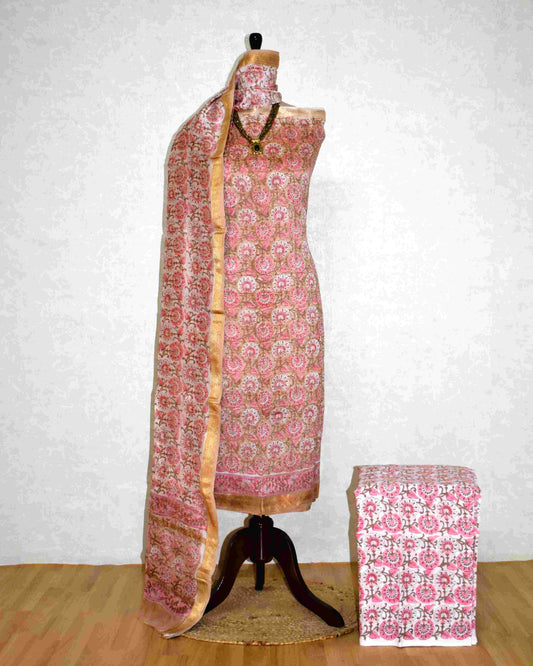 Floral Jaal Hand Block Printed Maheshwari Silk Suit Set