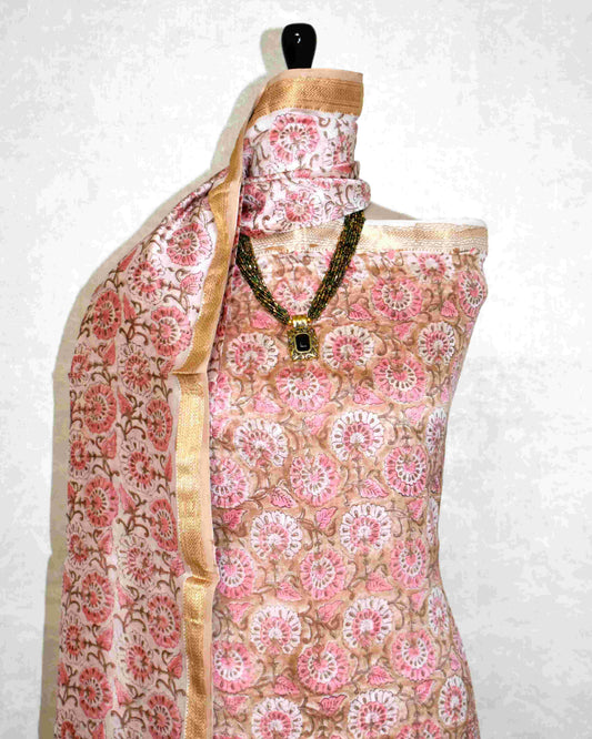 Floral Jaal Hand Block Printed Maheshwari Silk Suit Set