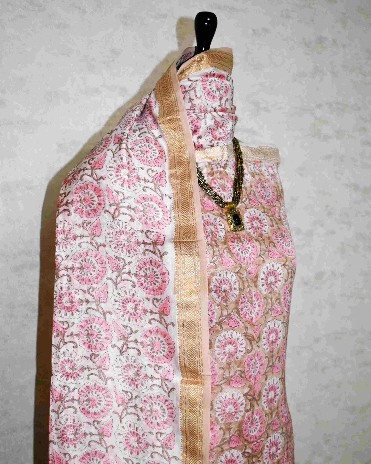 Floral Jaal Hand Block Printed Maheshwari Silk Suit Set