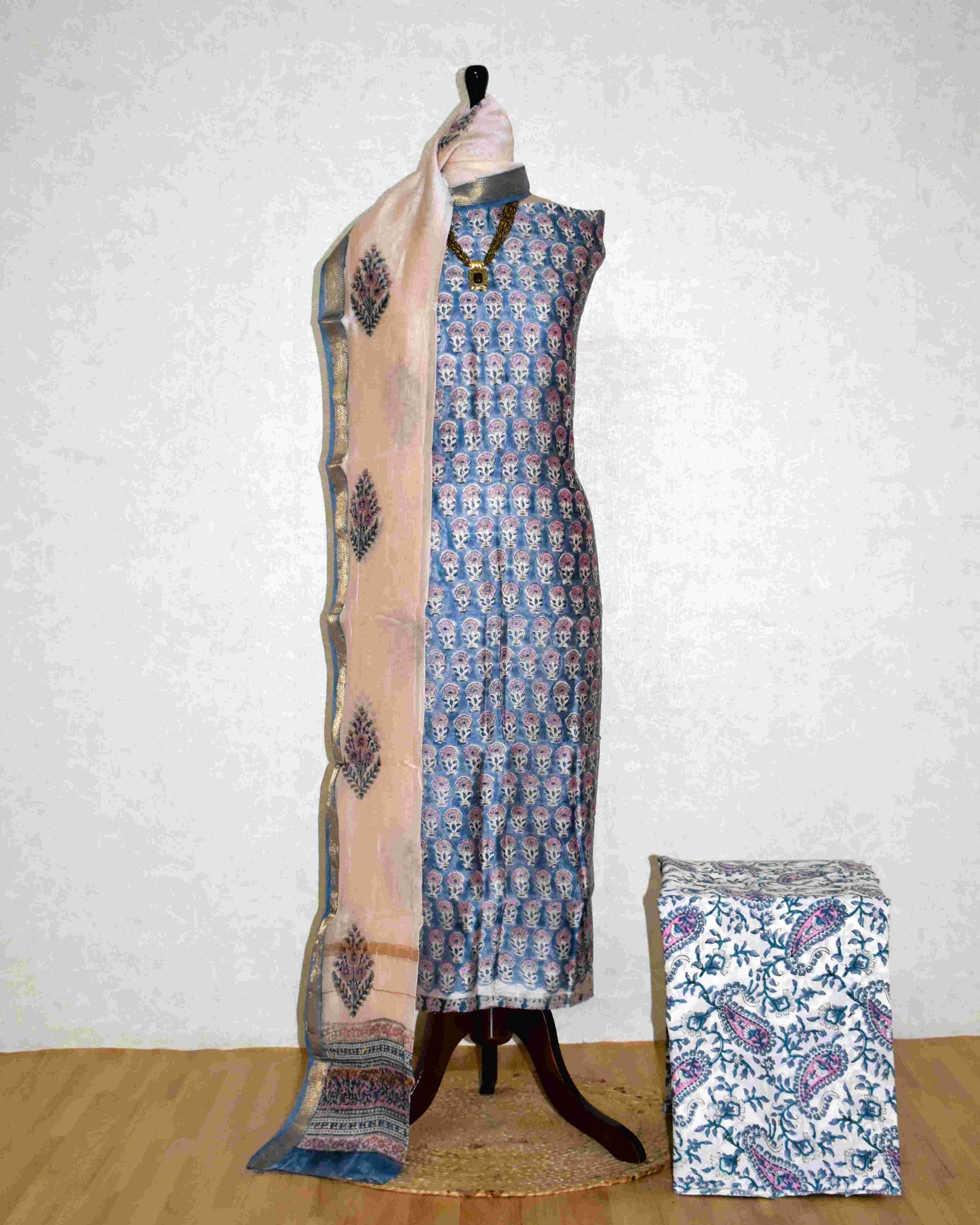 All-over Floral Buti Hand Block Printed Maheshwari Silk Suit Set