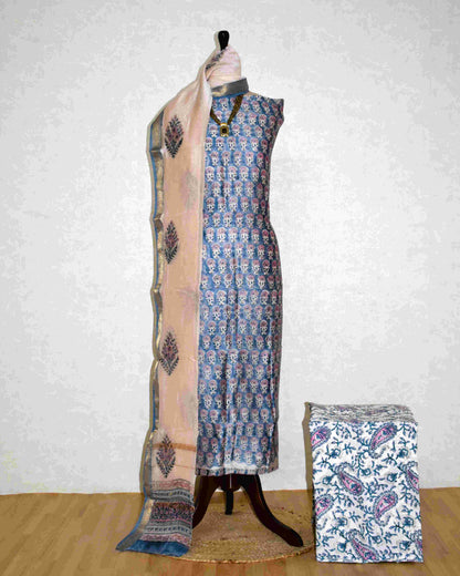 All-over Floral Buti Hand Block Printed Maheshwari Silk Suit Set