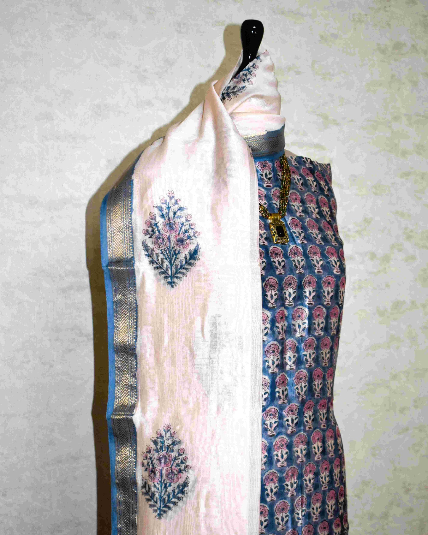All-over Floral Buti Hand Block Printed Maheshwari Silk Suit Set