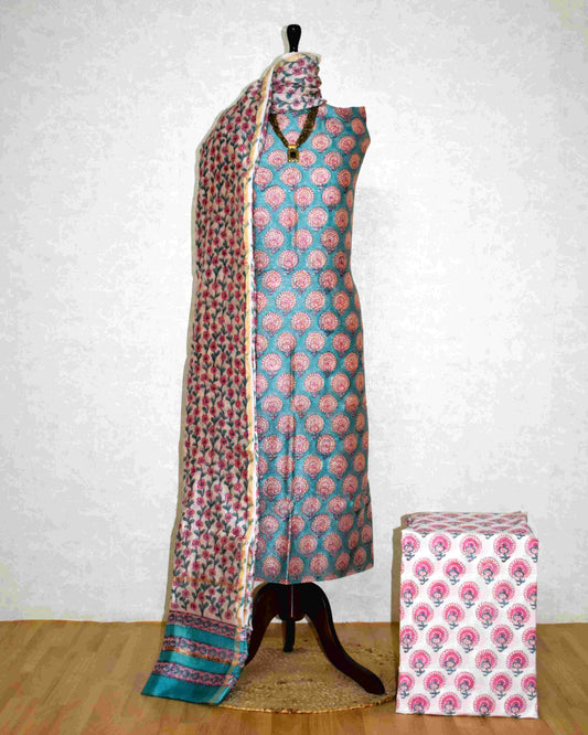 Blue Hand Block Floral Buta Printed Chanderi Silk Suit