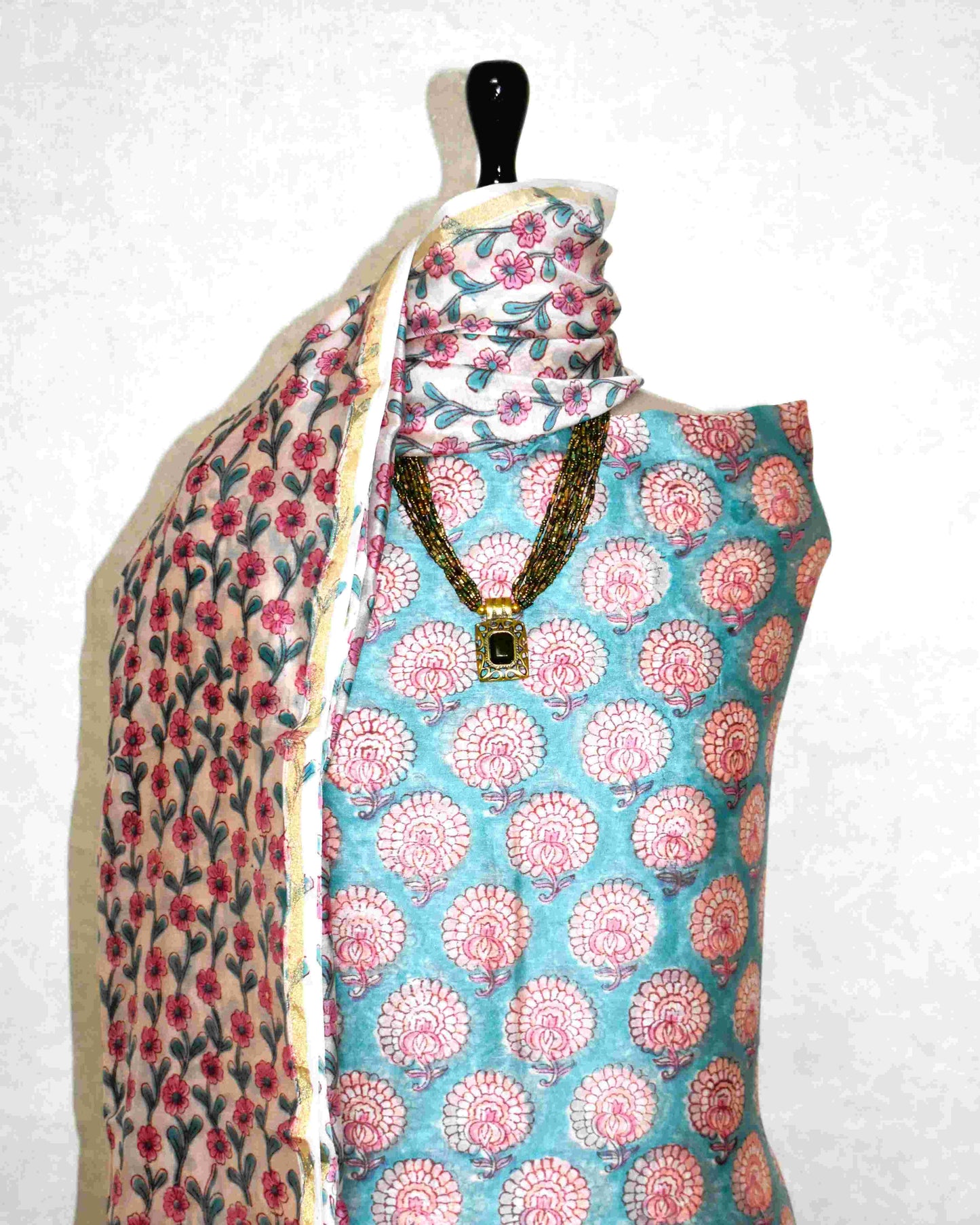 Blue Hand Block Floral Buta Printed Chanderi Silk Suit
