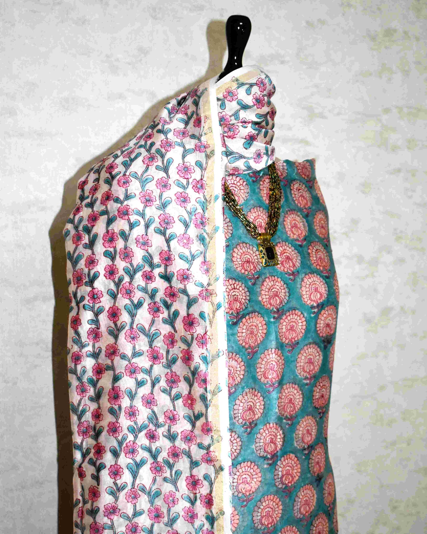 Blue Hand Block Floral Buta Printed Chanderi Silk Suit