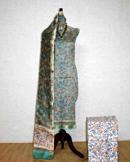 All-over Floral Buti Hand Block Printed Maheshwari Silk Suit Set