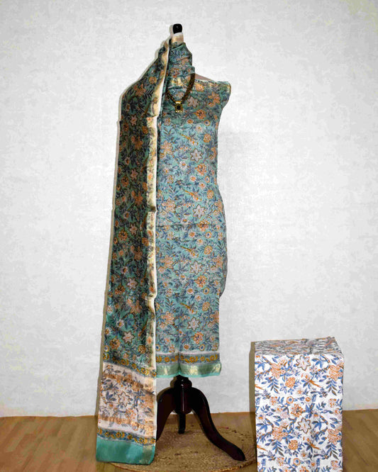 All-over Floral Buti Hand Block Printed Maheshwari Silk Suit Set
