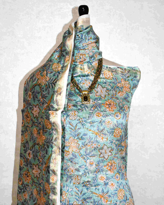 All-over Floral Buti Hand Block Printed Maheshwari Silk Suit Set