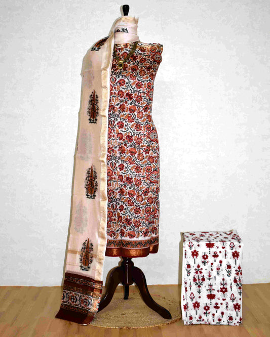 All-over Floral Jaal Hand Block Printed Maheshwari Silk Suit Set
