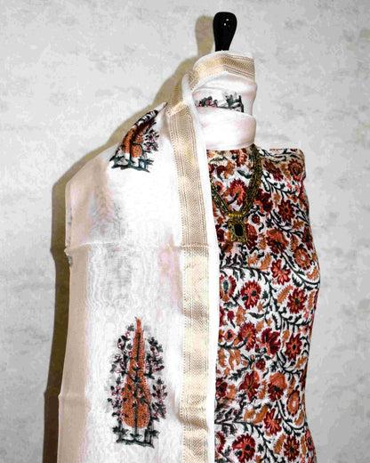 All-over Floral Jaal Hand Block Printed Maheshwari Silk Suit Set