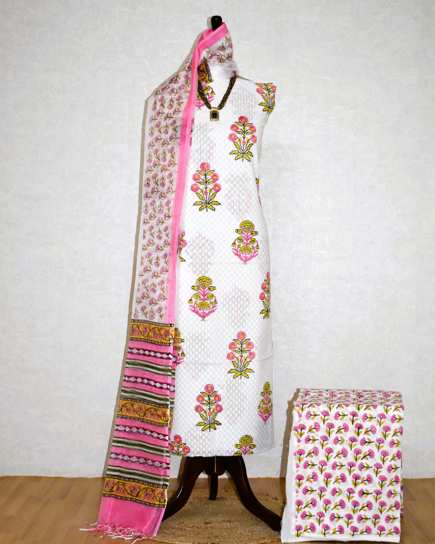 Hand Block Printed Premium Dobi Cotton Unstitched Suit with Floral Buta & Kota Doria Dupatta