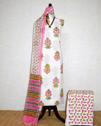Hand Block Printed Premium Dobi Cotton Unstitched Suit with Floral Buta & Kota Doria Dupatta