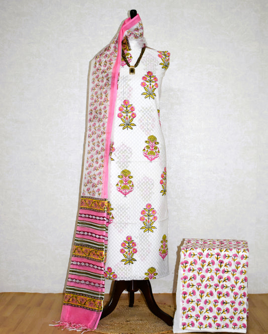 Hand Block Printed Premium Dobi Cotton Unstitched Suit with Floral Buta & Kota Doria Dupatta