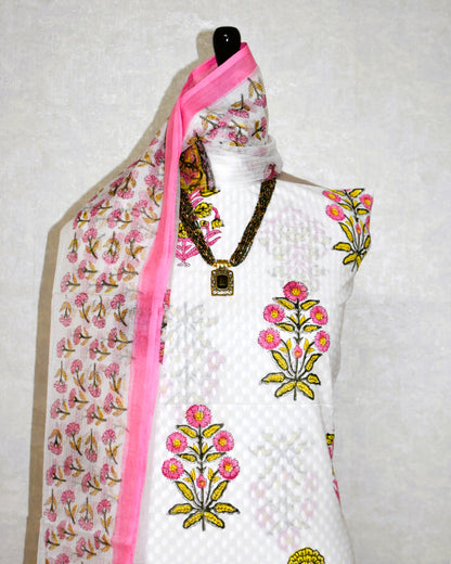Hand Block Printed Premium Dobi Cotton Unstitched Suit with Floral Buta & Kota Doria Dupatta