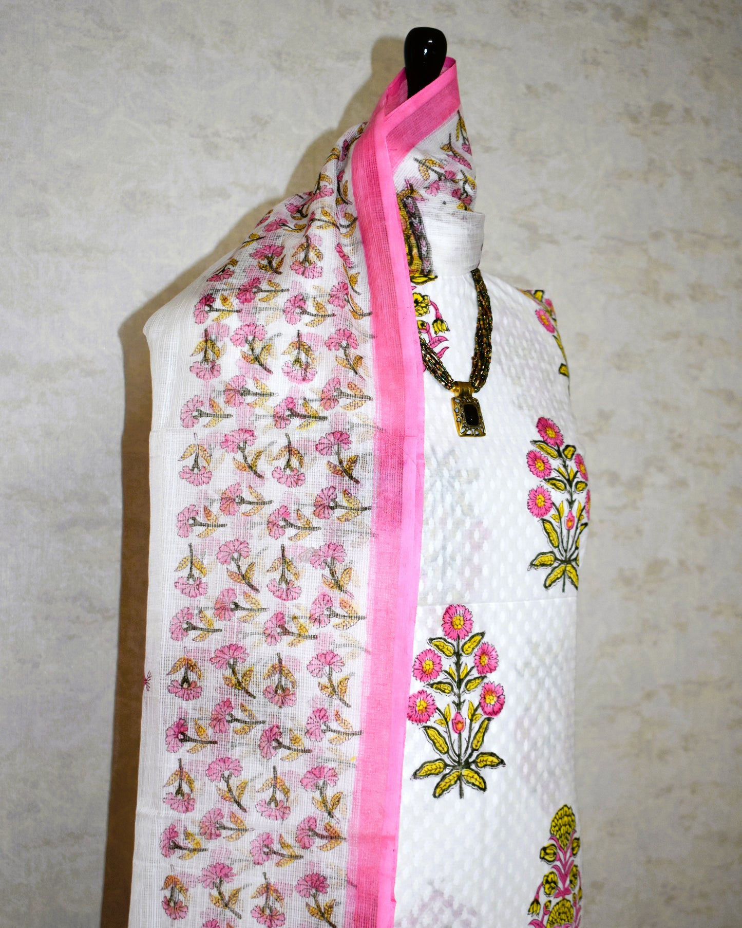Hand Block Printed Premium Dobi Cotton Unstitched Suit with Floral Buta & Kota Doria Dupatta