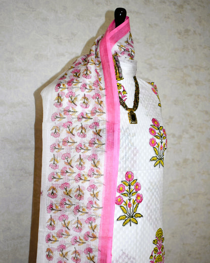 Hand Block Printed Premium Dobi Cotton Unstitched Suit with Floral Buta & Kota Doria Dupatta