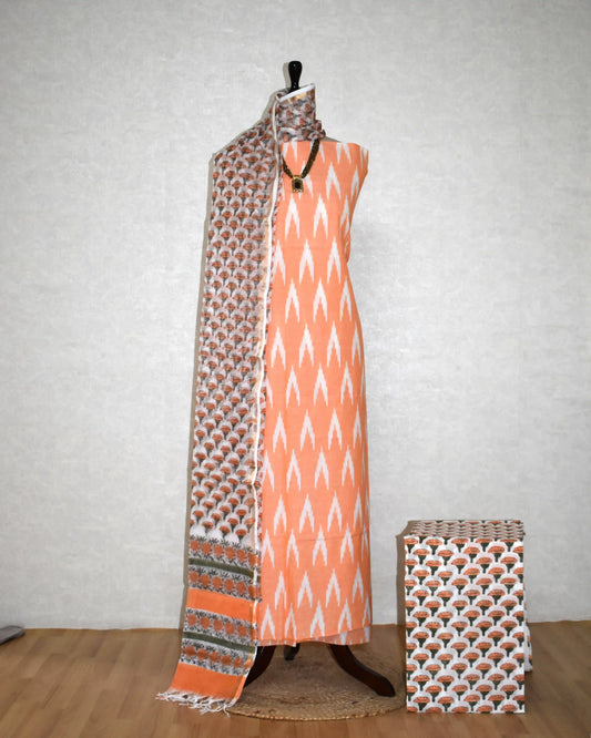 Premium Cotton Ikkat Unstitched Suit with Kota Doria Dupatta- Curated Edit
