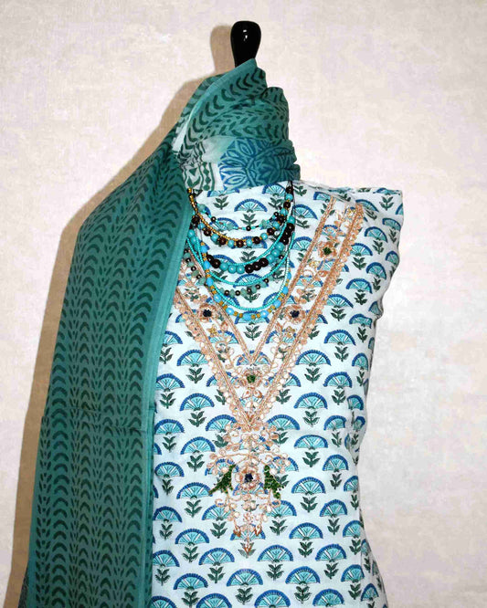 Hand Block Printed Cotton Suit with Gota Patti Hand Embroidery and Soft Malmal Dupatta