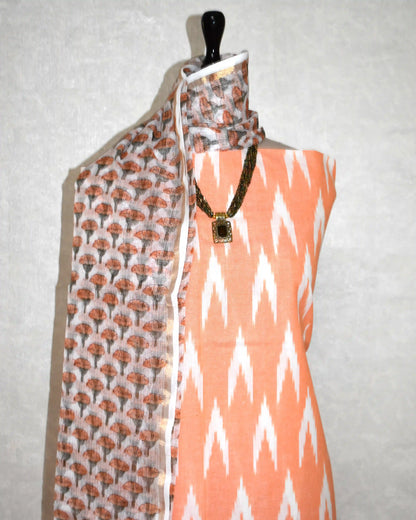 Premium Cotton Ikkat Unstitched Suit with Kota Doria Dupatta- Curated Edit
