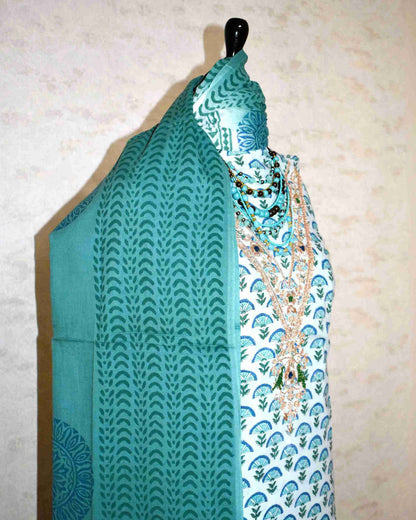 Hand Block Printed Cotton Suit with Gota Patti Hand Embroidery and Soft Malmal Dupatta