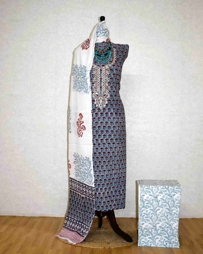 Hand Block Printed Cotton Suit with Gota Patti Hand Embroidery and Soft Malmal Dupatta