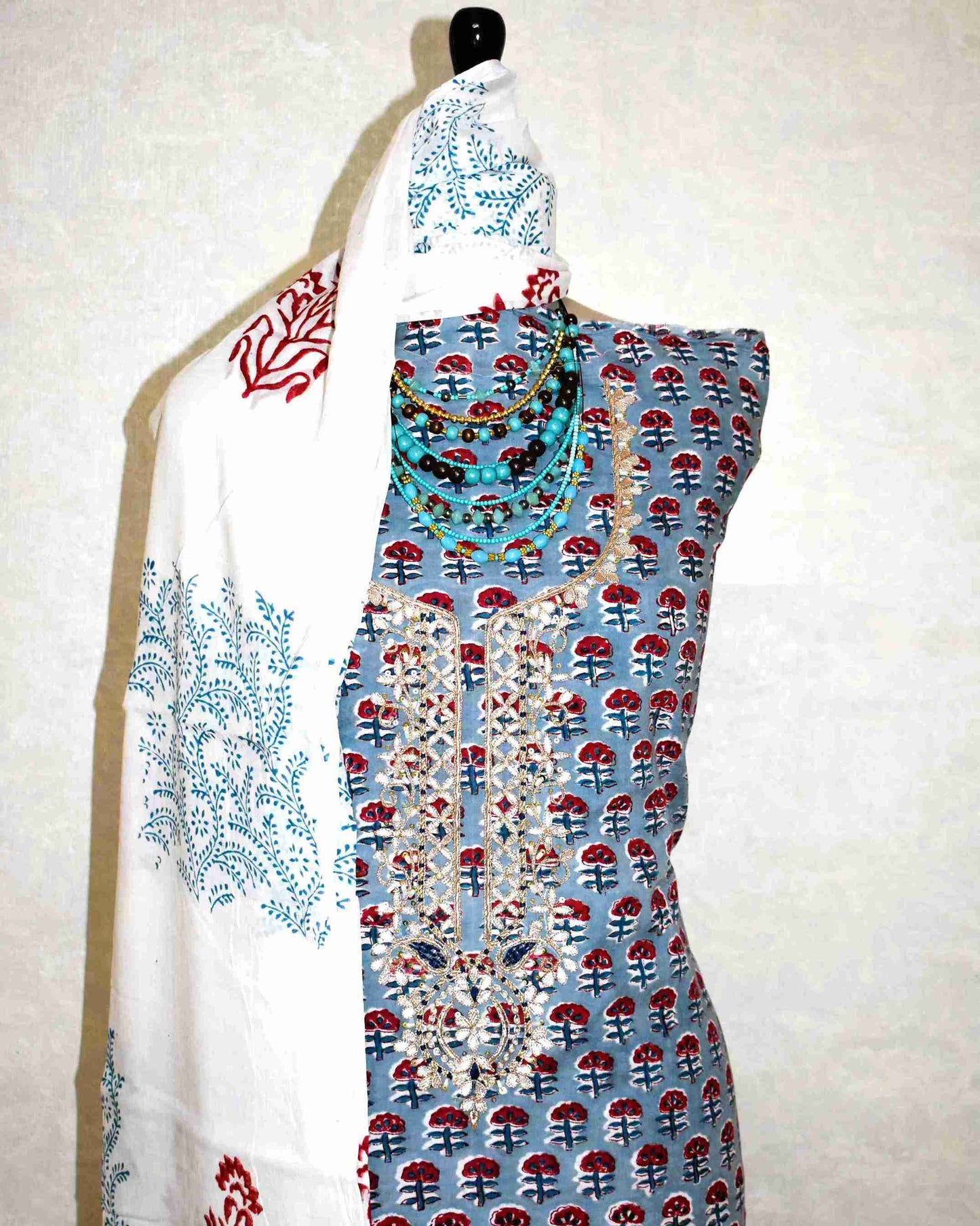 Hand Block Printed Cotton Suit with Gota Patti Hand Embroidery and Soft Malmal Dupatta