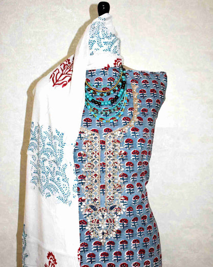 Hand Block Printed Cotton Suit with Gota Patti Hand Embroidery and Soft Malmal Dupatta